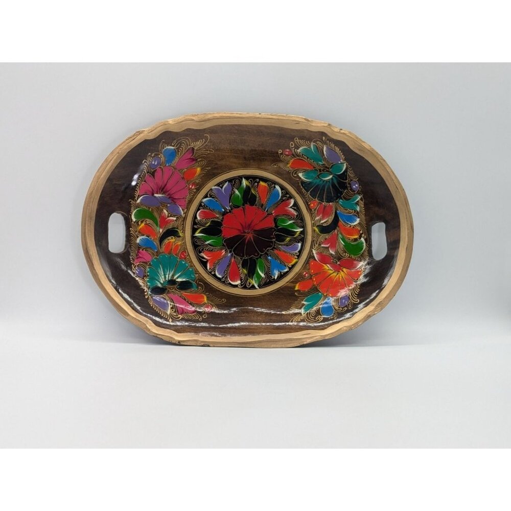 Hand-Painted Decorative Wooden Serving Tray With Colorful Floral Design